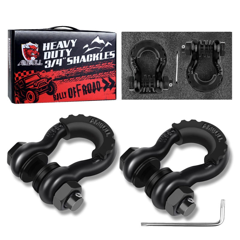 AMBULL Shackles 3/4" D Ring Shackle (2 Pack) 41,850lb Break Strength with 7/8" Pin, Anti Theft Security Screws, Isolator & Washer Kits for Use with Tow Strap Winch Truck Vehicle Recovery (Black) - Image 1